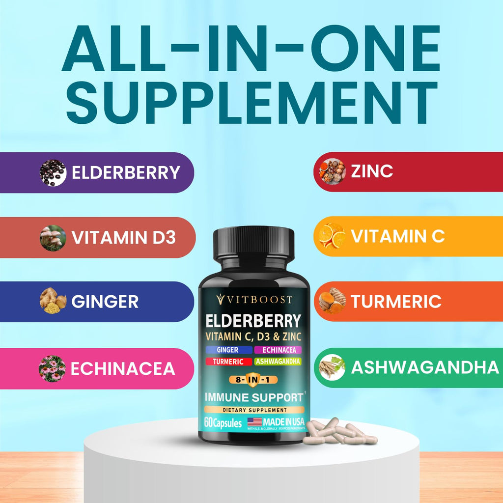Elderberry Immune Support Supplement 8-in-1 Formula with Echinacea, Vitamin C & Zinc, Vitamin D 5000 IU, Turmeric, Ginger, Ashwagandha – 60 Capsules - FENGGESTORE20