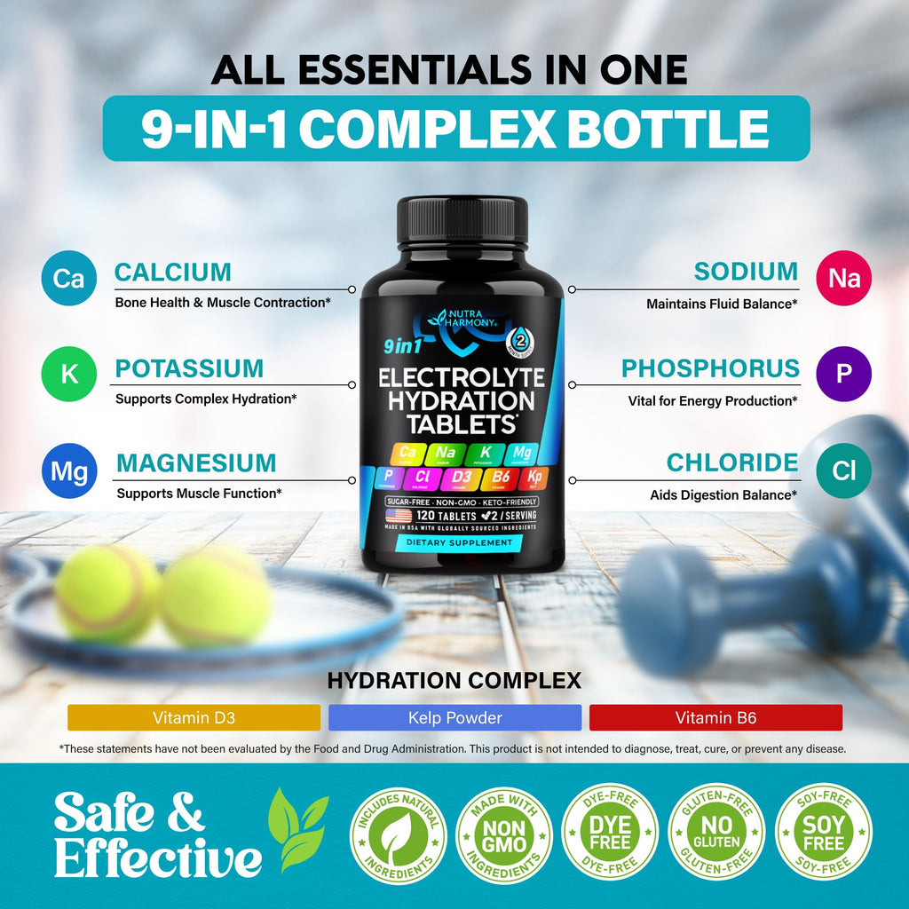 Electrolytes - Electrolyte Tablets with Magnesium, Sodium, Potassium, Chloride, Vitamins D3 & B6, Kelp Powder - Salt Pills - Made in USA - FENGGESTORE20