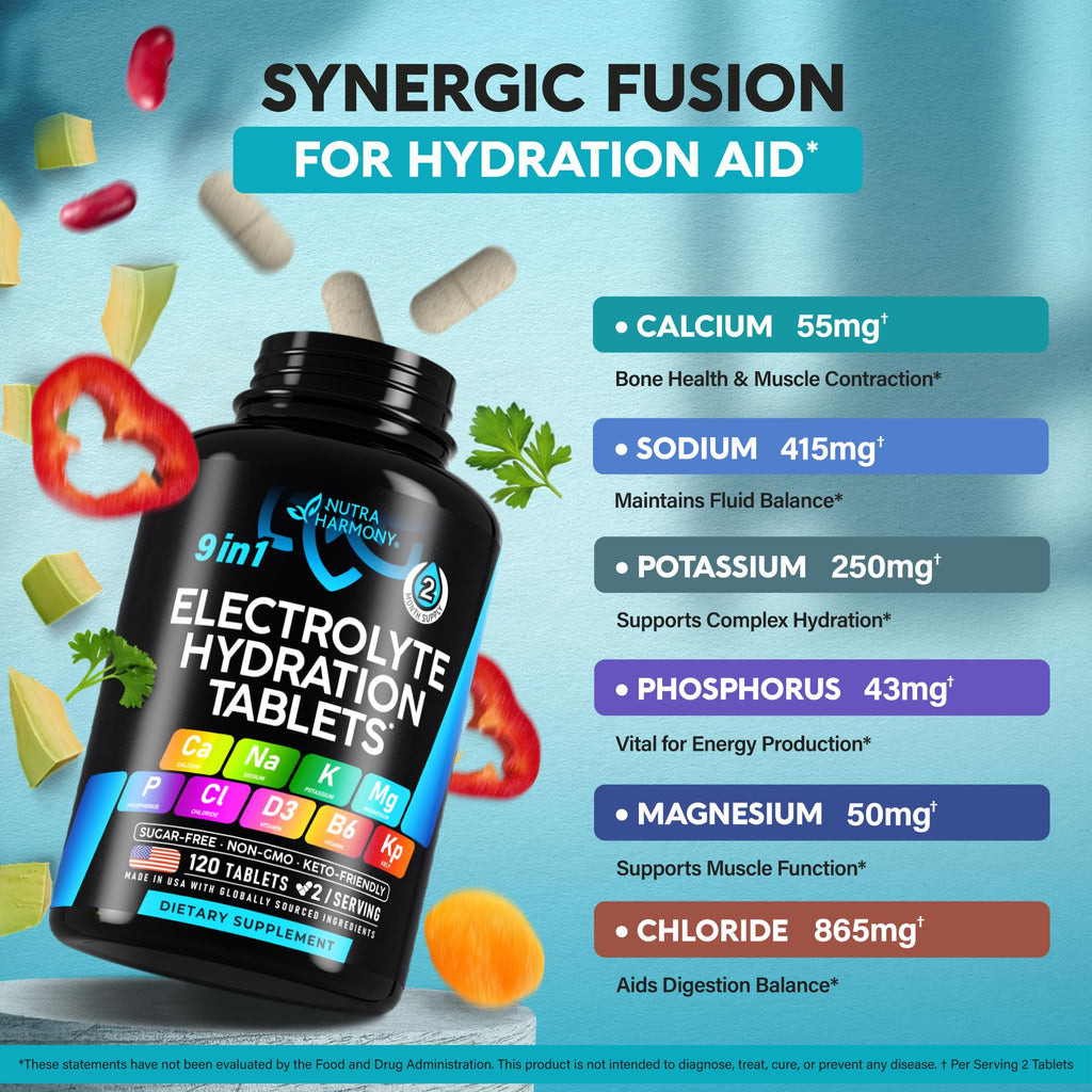 Electrolytes - Electrolyte Tablets with Magnesium, Sodium, Potassium, Chloride, Vitamins D3 & B6, Kelp Powder - Salt Pills - Made in USA - FENGGESTORE20