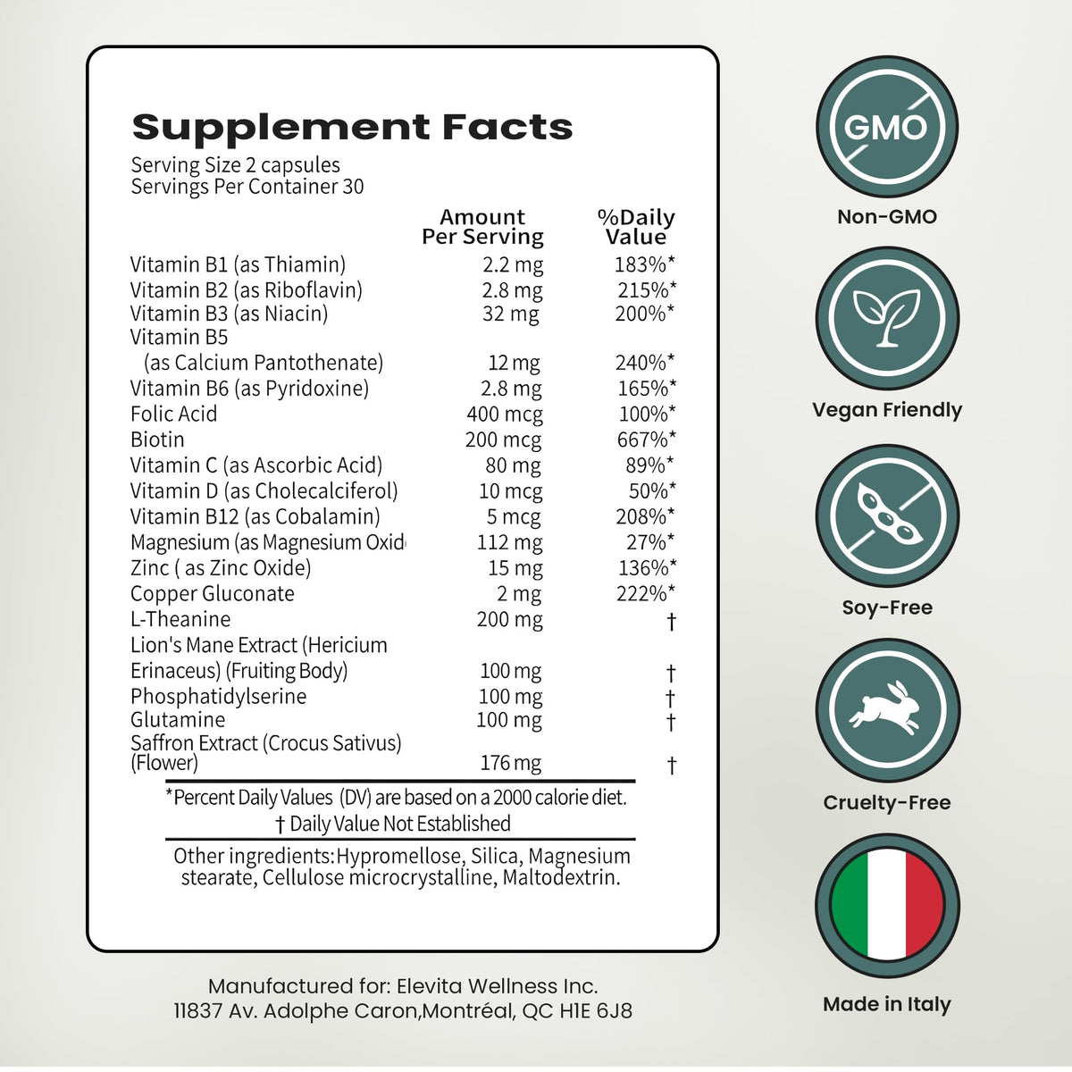 ELEVITA WELLNESS Focus Supplement (Made in Italy) | Premium Blend with L-Theanine, Lion's Mane & B Vitamins, Saffron and Vitamin D | Focus & Cognitive Support for Men & Women - FENGGESTORE20