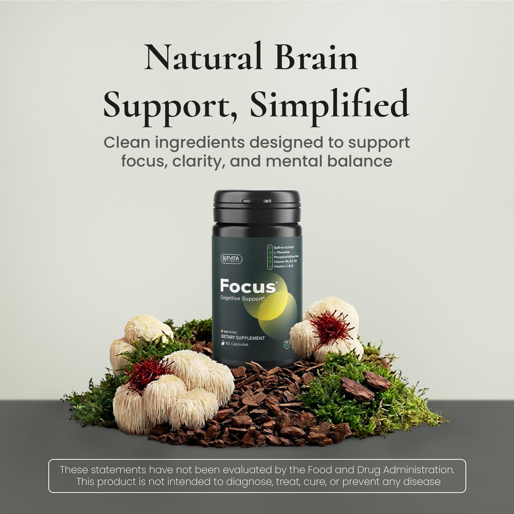 ELEVITA WELLNESS Focus Supplement (Made in Italy) | Premium Blend with L-Theanine, Lion's Mane & B Vitamins, Saffron and Vitamin D | Focus & Cognitive Support for Men & Women - FENGGESTORE20