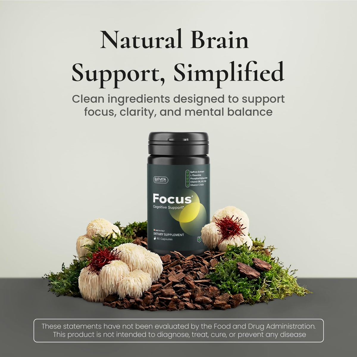 ELEVITA WELLNESS Focus Supplement (Made in Italy) | Premium Blend with L-Theanine, Lion's Mane & B Vitamins, Saffron and Vitamin D | Focus & Cognitive Support for Men & Women - FENGGESTORE20