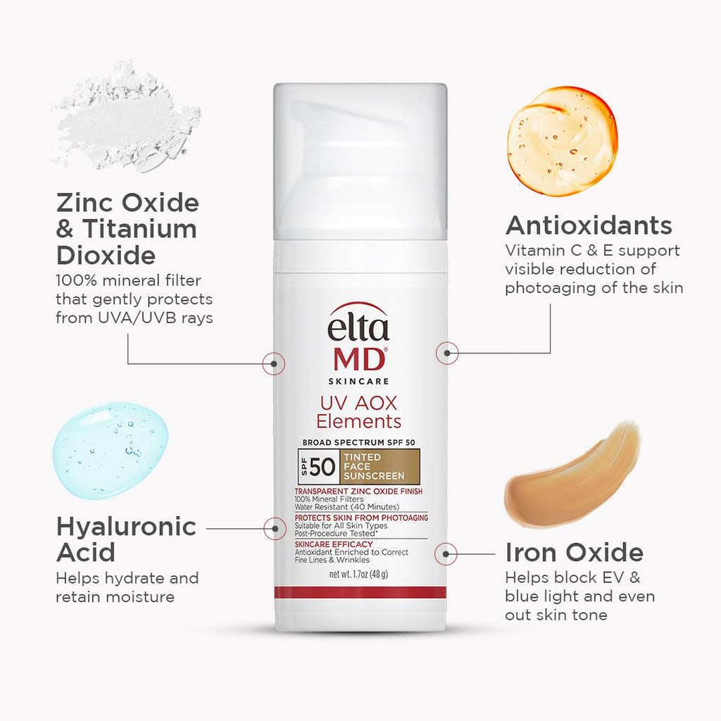 EltaMD UV AOX Elements Tinted Mineral Face Sunscreen Lotion, Tinted Moisturizer for Face SPF 50 with Antioxidants, For Dry Sensitive Skin 1.7 oz Pump - FENGGESTORE20