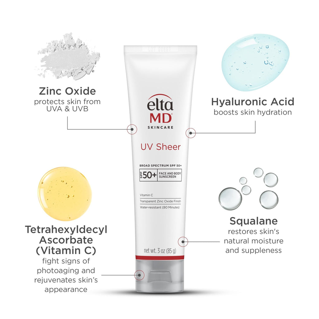 EltaMD UV Sheer Face and Body Sunscreen SPF 50+, Oil Free, No White Cast Sunscreen for Face and Body, Zinc Oxide Formula, 3.0 oz Tube - FENGGESTORE20