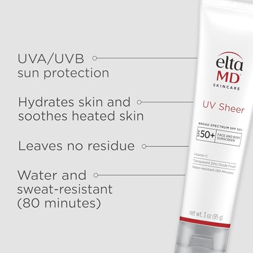 EltaMD UV Sheer Face and Body Sunscreen SPF 50+, Oil Free, No White Cast Sunscreen for Face and Body, Zinc Oxide Formula, 3.0 oz Tube - FENGGESTORE20