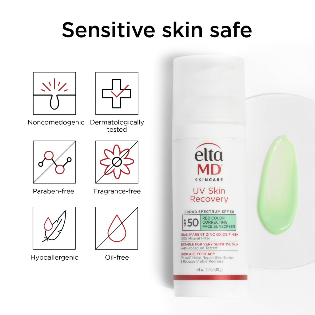 EltaMD UV Skin Recovery Green Tint 100% Mineral Sunscreen, SPF 50, Redness Correcting - FENGGESTORE20