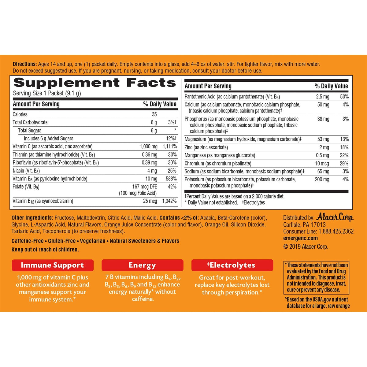 Emergen-C 1000mg Vitamin C Powder for Daily Immune Support Caffeine Free Vitamin C Supplements with Zinc and Manganese - FENGGESTORE20