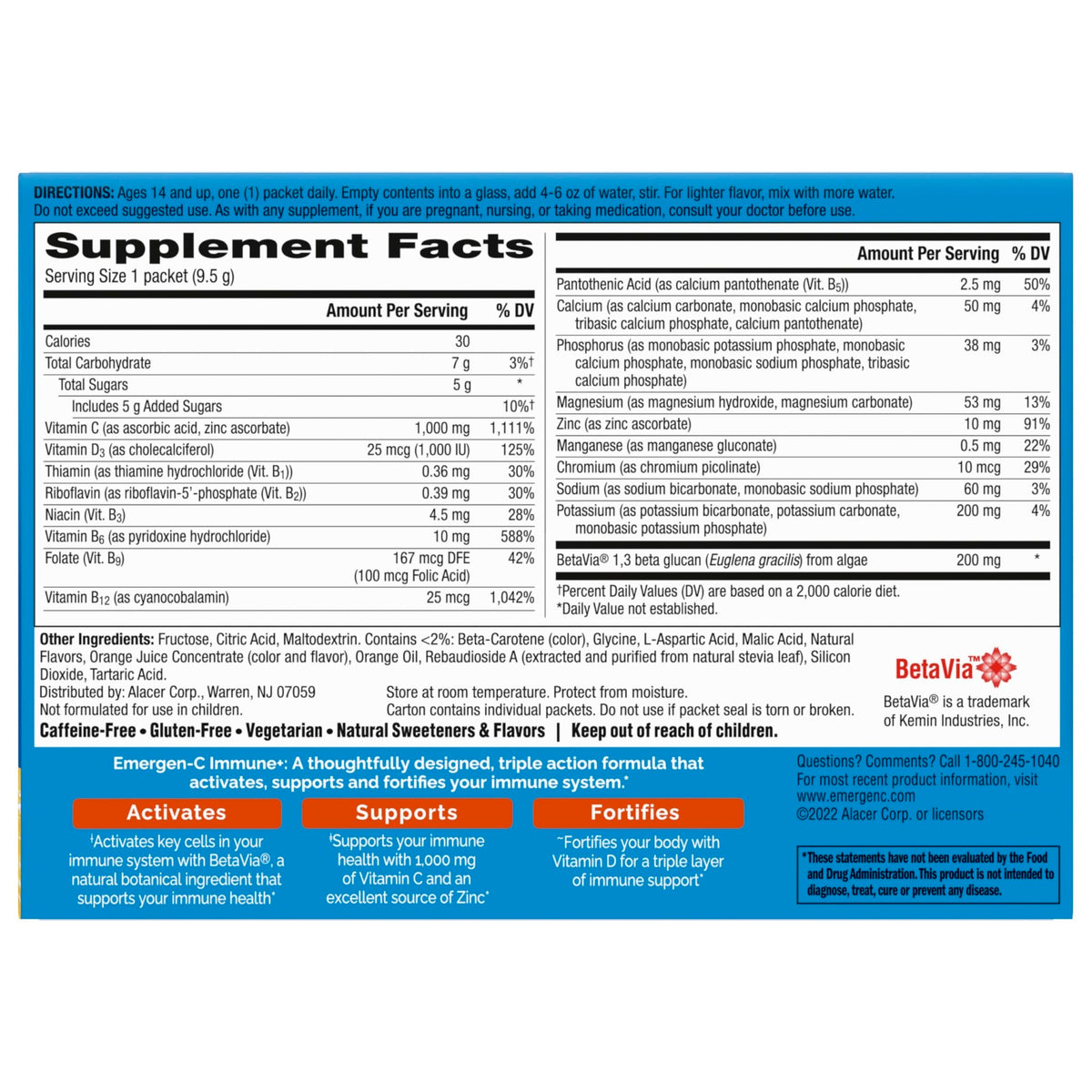 Emergen-C Immune+ Triple Action Immune Support Powder, BetaVia (R), 1000mg Vitamin C, B Vitamins, Vitamin D and Antioxidants - FENGGESTORE20