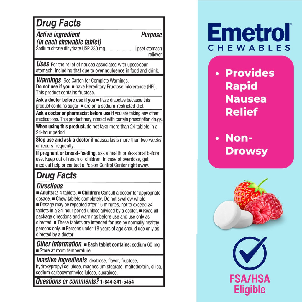 Emetrol Non-Drowsy Nausea Relief - Chewable Medicine for Upset Stomach - Pharmacist Recommended Nausea Relief - Mixed Berry Flavor, 60 Tablets - FENGGESTORE20