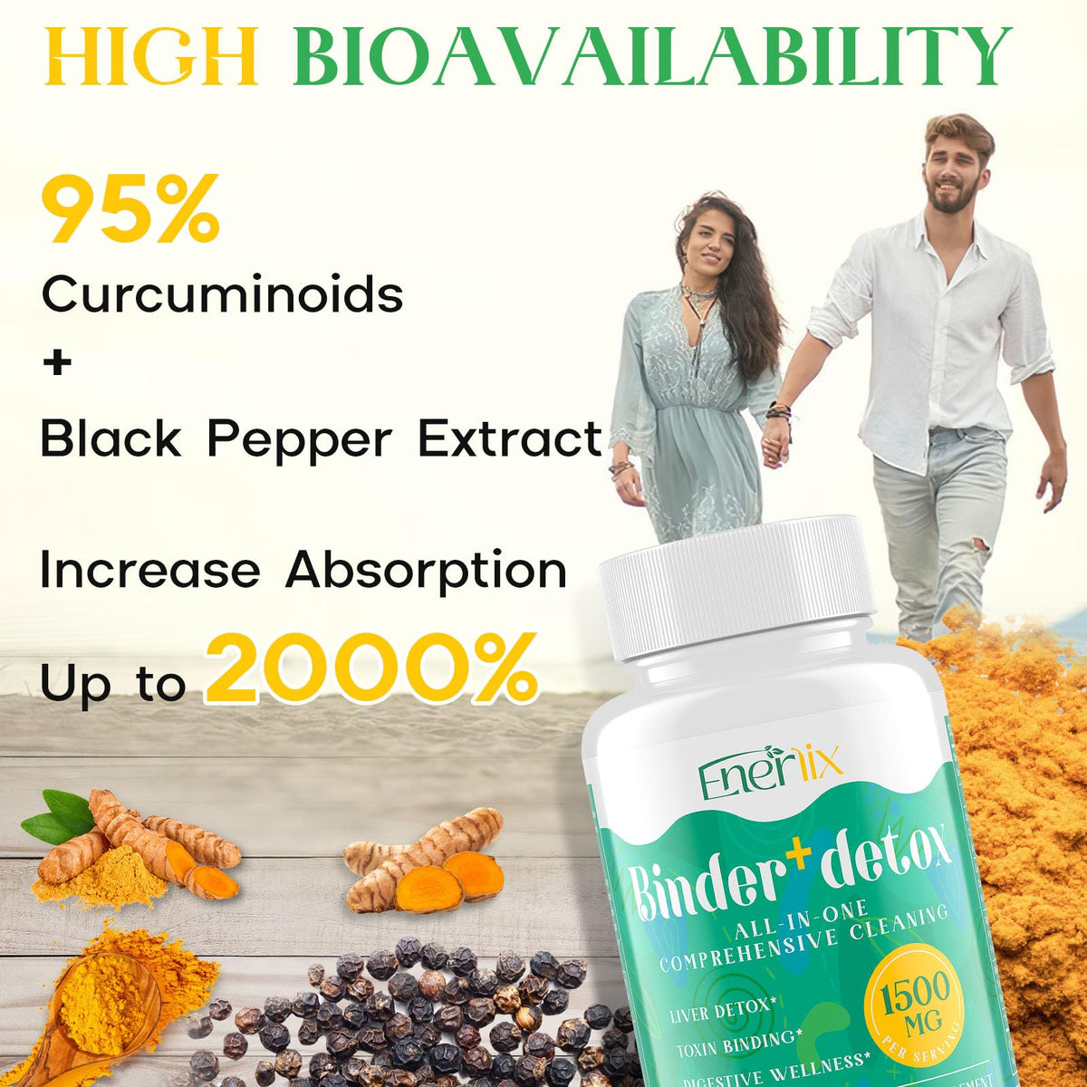 Enerlix 15-in-1 Detox Binder, Activated Charcoal, Zeolite & Bentonite Clay, Chlorella, 1500 MG Detox Supplement Maximum Absorbent, - FENGGESTORE20