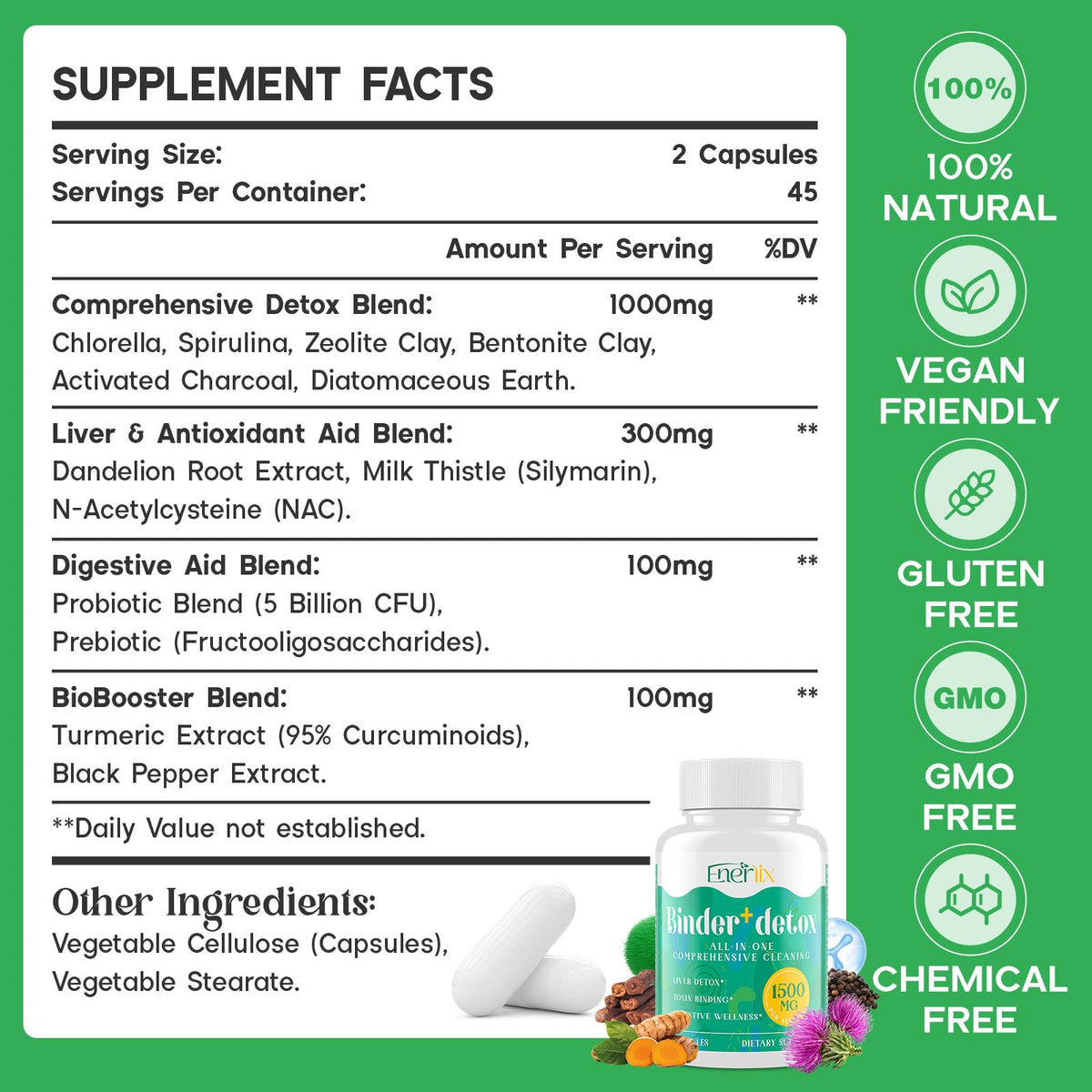 Enerlix 15-in-1 Detox Binder, Activated Charcoal, Zeolite & Bentonite Clay, Chlorella, 1500 MG Detox Supplement Maximum Absorbent, - FENGGESTORE20