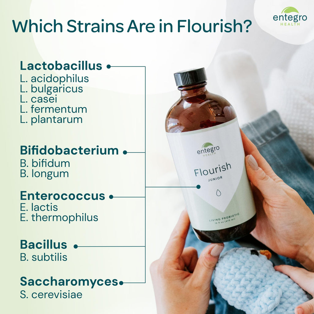 ENTEGRO Flourish Junior Liquid Probiotic & Postbiotic Supplement - Glass | 11 Live Cultures | Gut & Digestive Health for Women, Men & Kids | Organic, Vegan, Allergen Free | USA Made | 16 fl oz - FENGGESTORE20