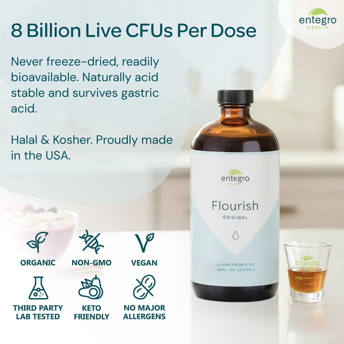 ENTEGRO Flourish Original Liquid Probiotic & Postbiotic Supplement - Glass | 11 Live Cultures | Gut & Digestive Health for Women, Men & Kids | Organic, Vegan - FENGGESTORE20
