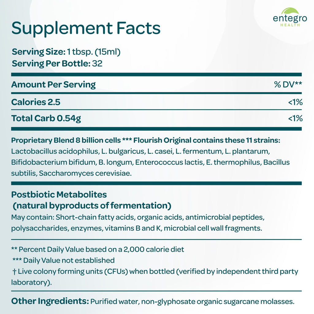 ENTEGRO Flourish Original Liquid Probiotic & Postbiotic Supplement - Glass | 11 Live Cultures | Gut & Digestive Health for Women, Men & Kids | Organic, Vegan - FENGGESTORE20