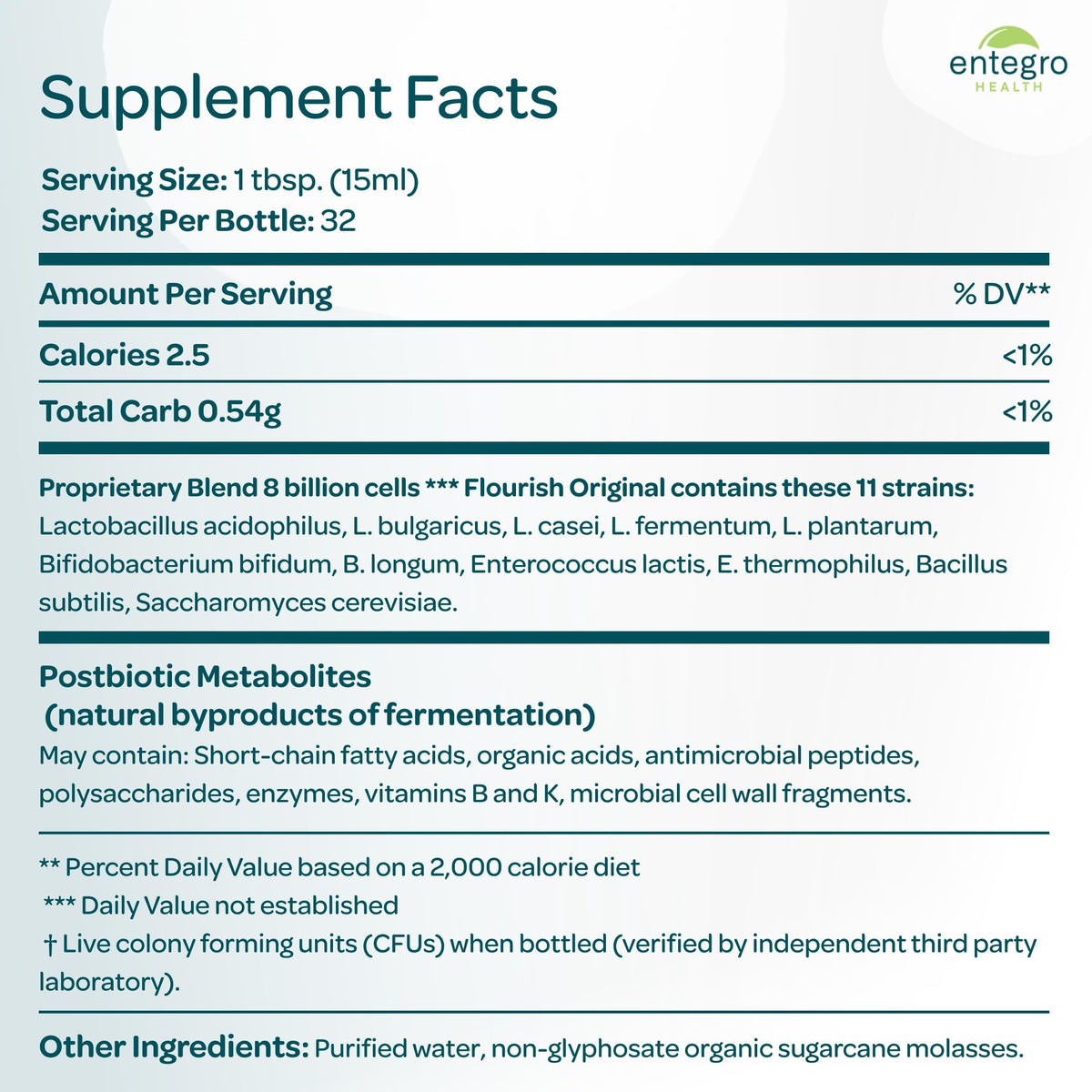 ENTEGRO Flourish Original Liquid Probiotic & Postbiotic Supplement - Glass | 11 Live Cultures | Gut & Digestive Health for Women, Men & Kids | Organic, Vegan - FENGGESTORE20