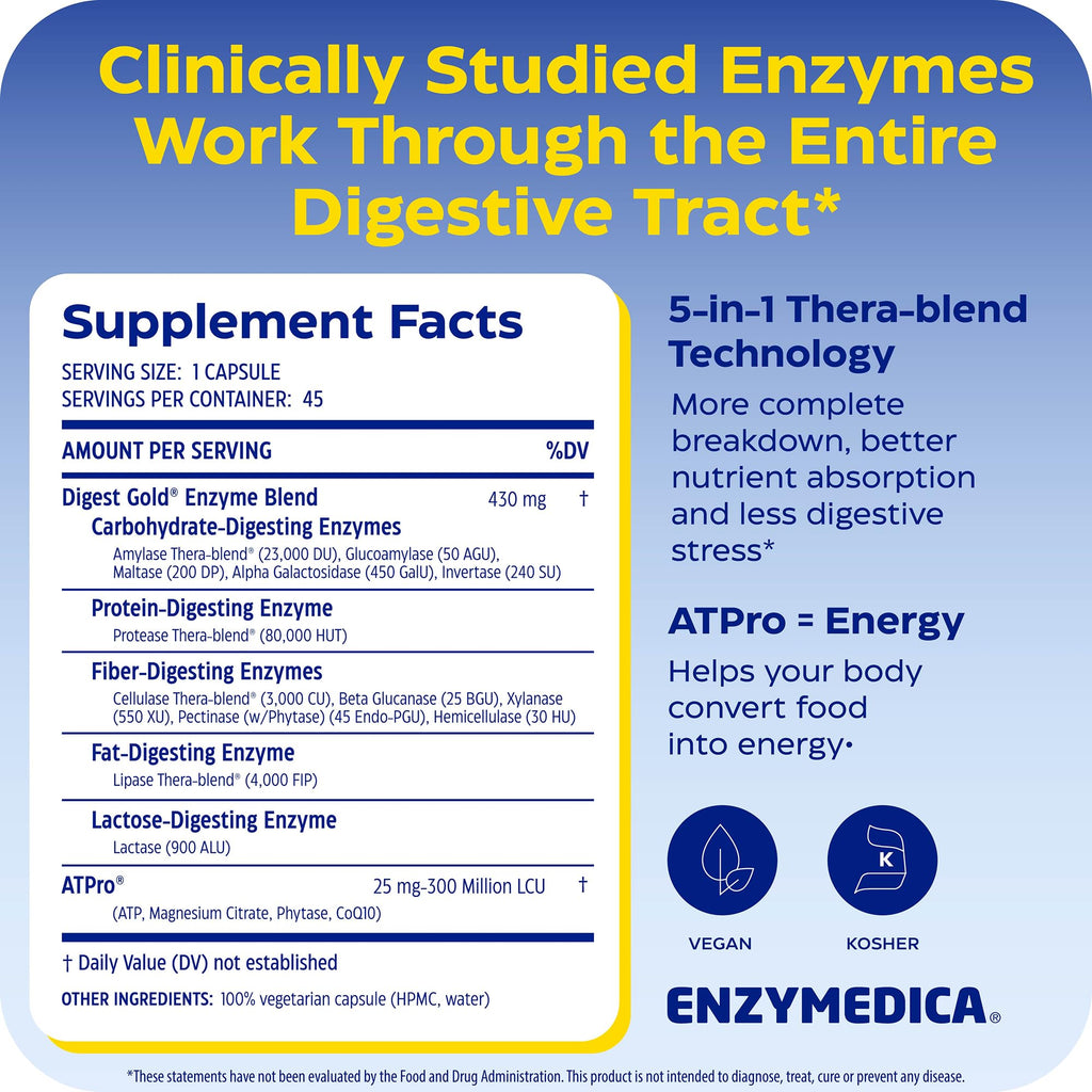 Enzymedica, Digest Gold + ATPro, Maximum Strength Enzymes, 45 Capsules - FENGGESTORE20