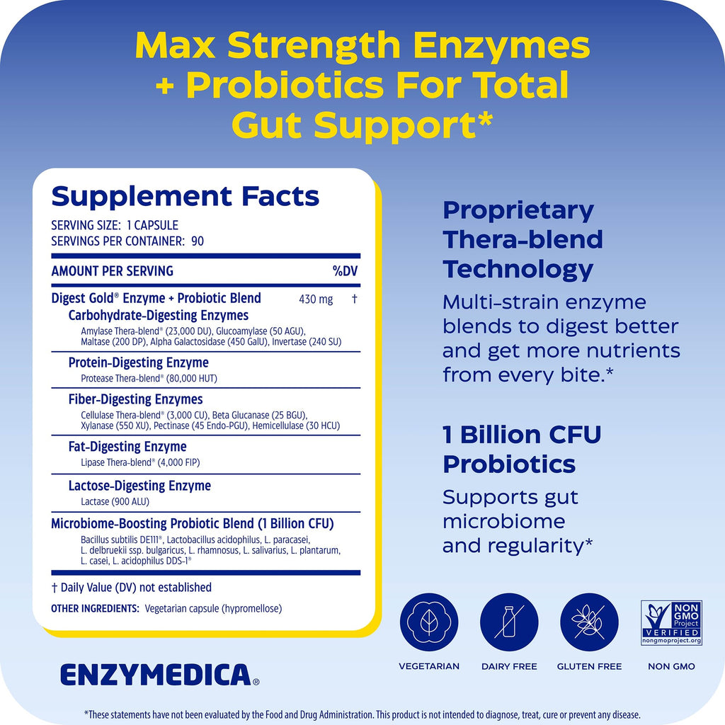 Enzymedica Digest Gold + Probiotics - Digestive Enzyme Supplement for Women & Men, Enzyme and Probiotic Capsules for Digestion, Gut Health Support, - FENGGESTORE20