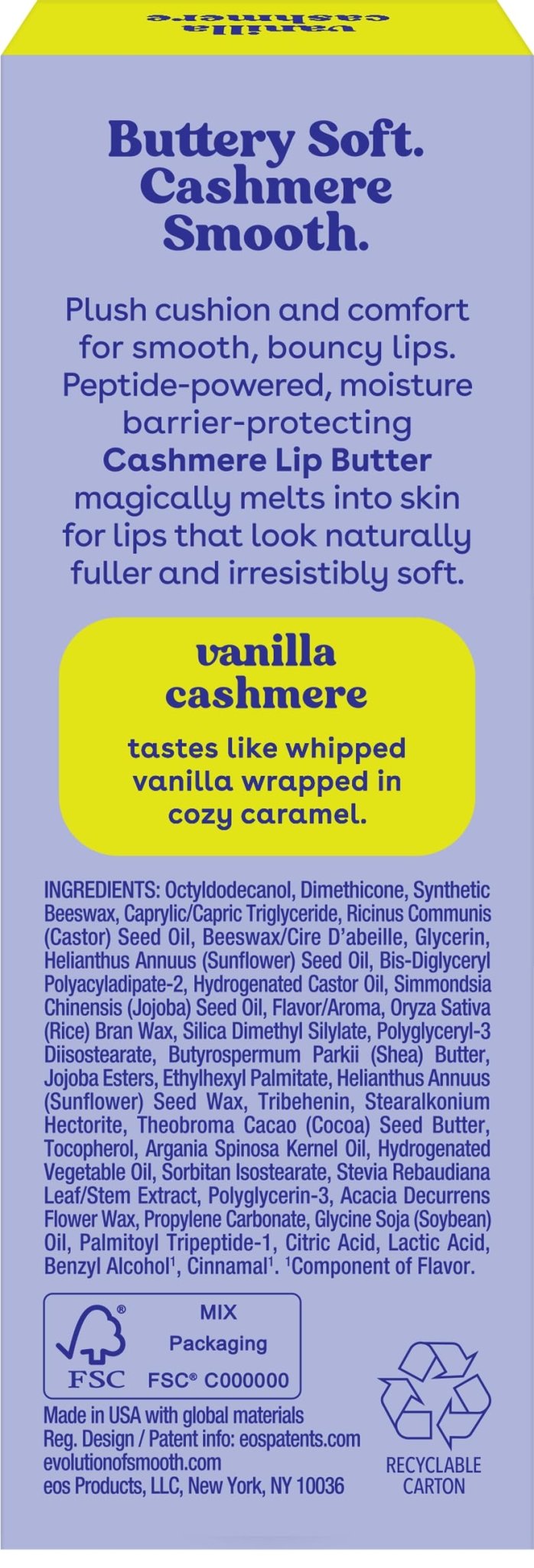 eos Cashmere Lip Butter - Vanilla Cashmere, Plumping Peptides, Smoothing, eos Lip Butter - FENGGESTORE20