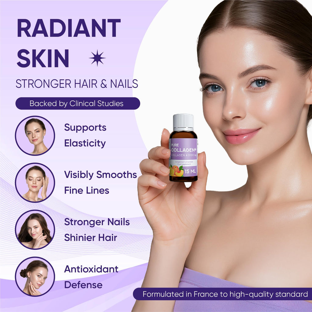 ERIC FAVRE Pure Collagen+ Liquid Collagen for Women – 4000mg Marine Peptides for Radiant Skin, Hair & Nail Health – Hyaluronic Acid, Vitamin E – 10 Shots, Peach Lemon Flavor - FENGGESTORE20