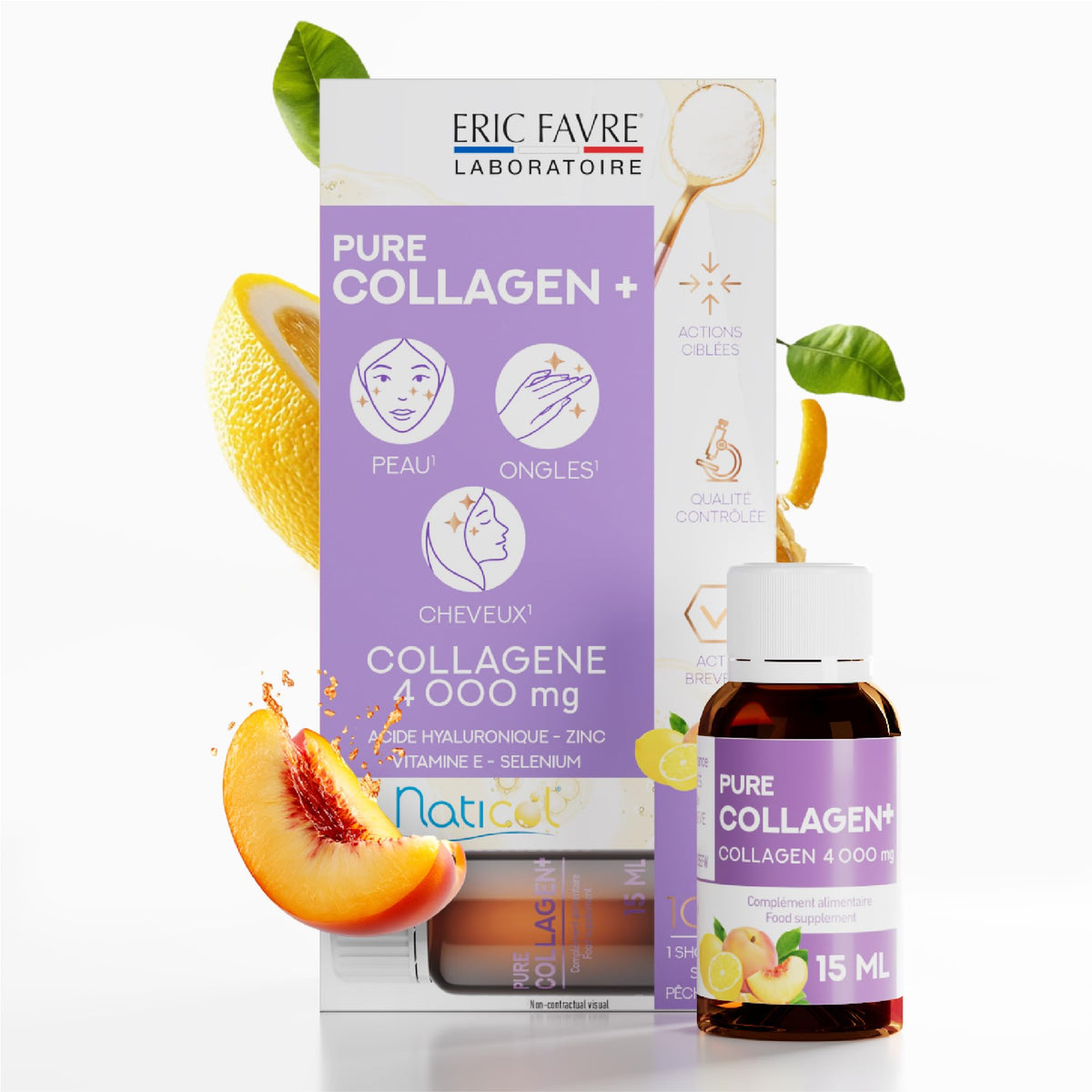 ERIC FAVRE Pure Collagen+ Liquid Collagen for Women – 4000mg Marine Peptides for Radiant Skin, Hair & Nail Health – Hyaluronic Acid, Vitamin E – 10 Shots, Peach Lemon Flavor - FENGGESTORE20