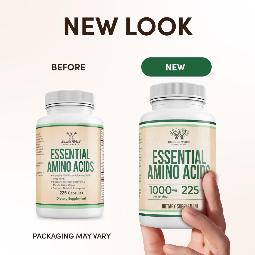 Essential Amino Acids - 1 Gram Per Serving Powder Blend of All 9 Essential Aminos (EAA) and All Branched-Chain Aminos (BCAAs) (Leucine, Isoleucine, Valine) 225 Capsules, Gluten Free by Double Wood - FENGGESTORE20