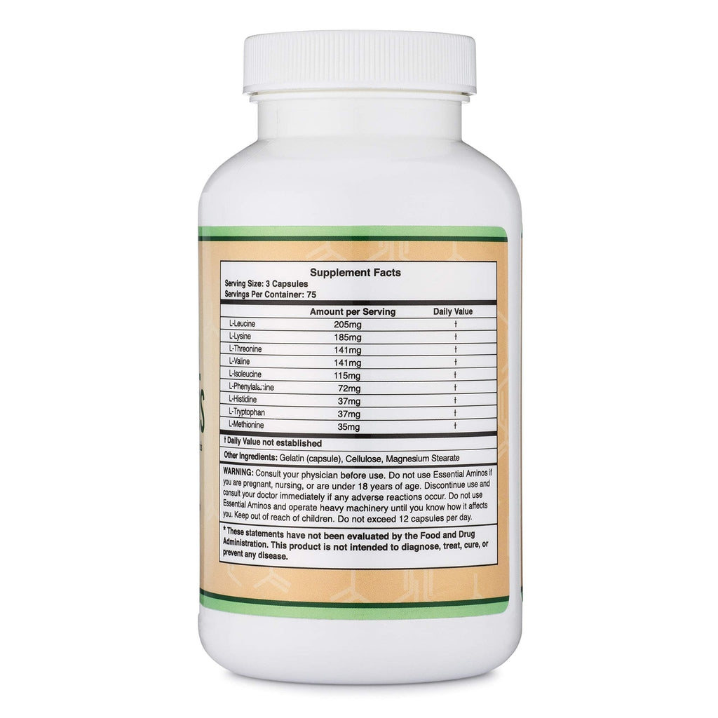 Essential Amino Acids - 1 Gram Per Serving Powder Blend of All 9 Essential Aminos (EAA) and All Branched-Chain Aminos (BCAAs) (Leucine, Isoleucine, Valine) 225 Capsules, Gluten Free by Double Wood - FENGGESTORE20