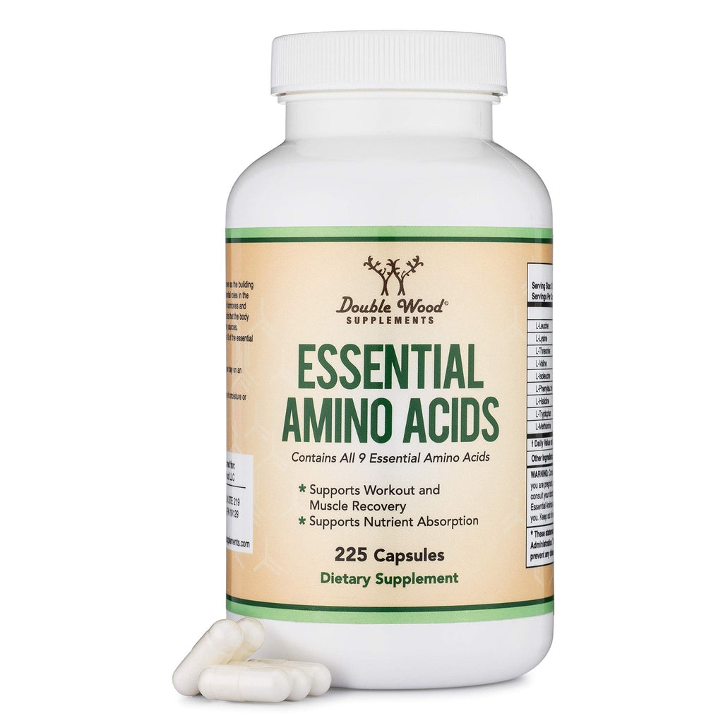 Essential Amino Acids - 1 Gram Per Serving Powder Blend of All 9 Essential Aminos (EAA) and All Branched-Chain Aminos (BCAAs) (Leucine, Isoleucine, Valine) 225 Capsules, Gluten Free by Double Wood - FENGGESTORE20