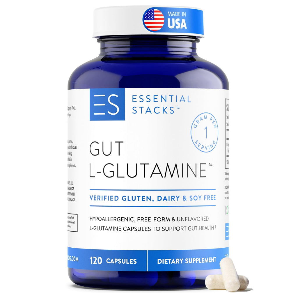 Essential Stacks Gut L-Glutamine Capsules 1000mg (Made in USA) - Gluten, Dairy & Soy Free, Non-GMO L Glutamine for Gut Health - 60 Serves (120 Caps) - FENGGESTORE20