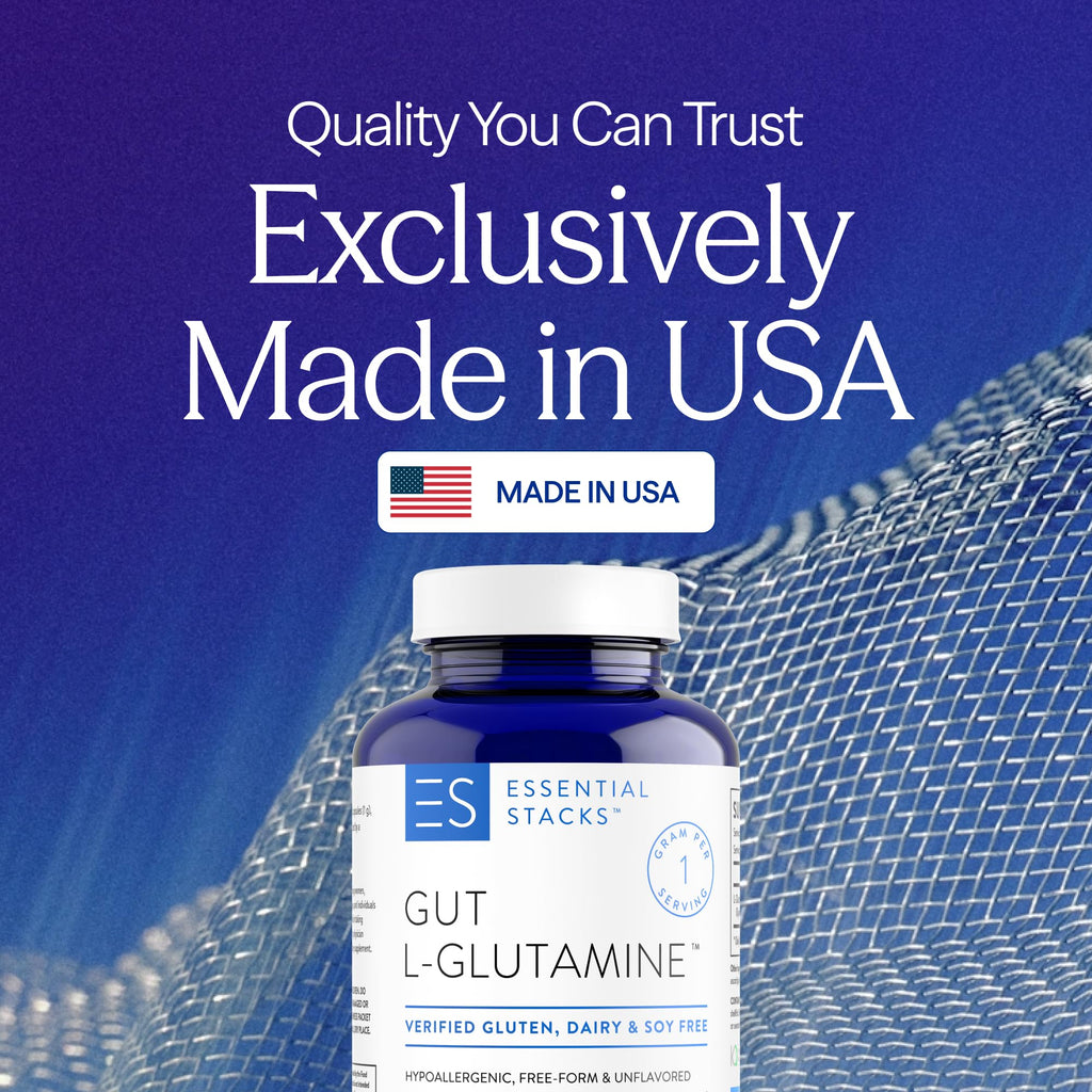 Essential Stacks Gut L-Glutamine Capsules 1000mg (Made in USA) - Gluten, Dairy & Soy Free, Non-GMO L Glutamine for Gut Health - 60 Serves (120 Caps) - FENGGESTORE20
