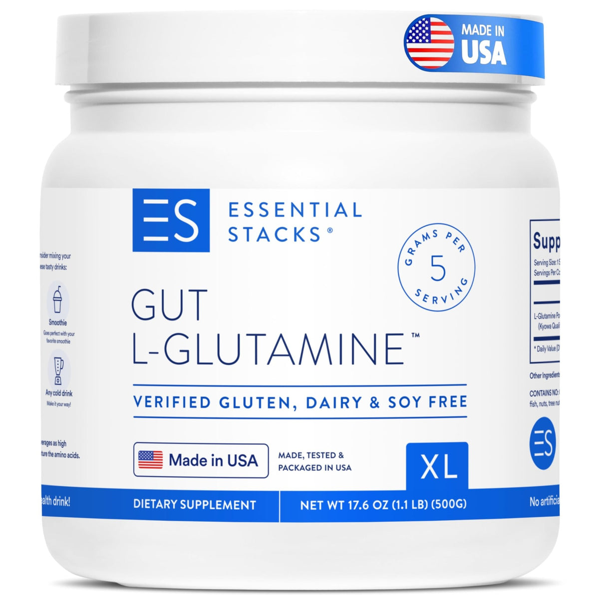 Essential Stacks Gut L-Glutamine Powder - Exclusively Made in USA - Pure L Glutamine Powder for Gut Health (100 Servings, Unflavored) - FENGGESTORE20