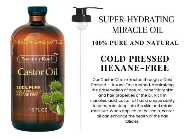 Essentially KateS Castor Oil 16 Fl Oz (Glass Bottle) - Original - A Huge Glass Bottle with a Pump - 100% Pure and Natural - FENGGESTORE20