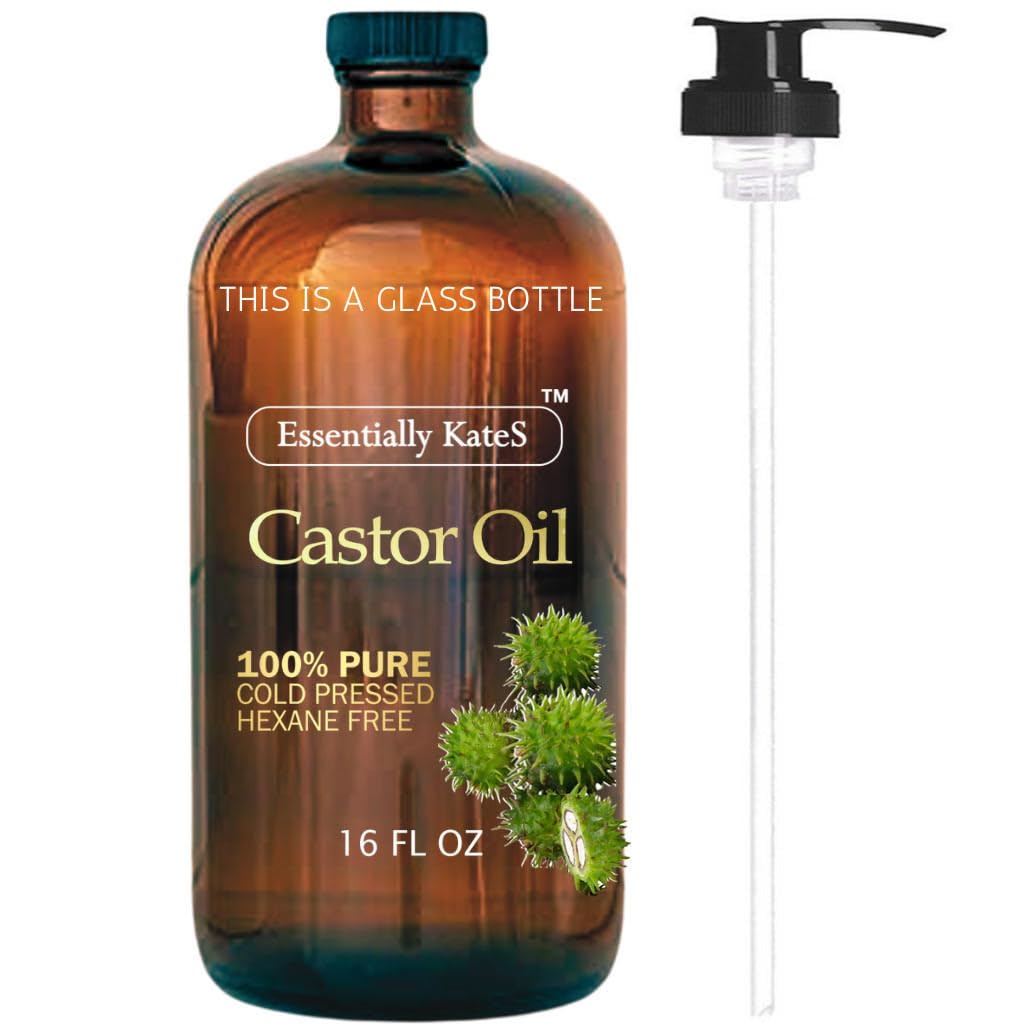 Essentially KateS Castor Oil 16 Fl Oz (Glass Bottle) - Original - A Huge Glass Bottle with a Pump - 100% Pure and Natural - FENGGESTORE20
