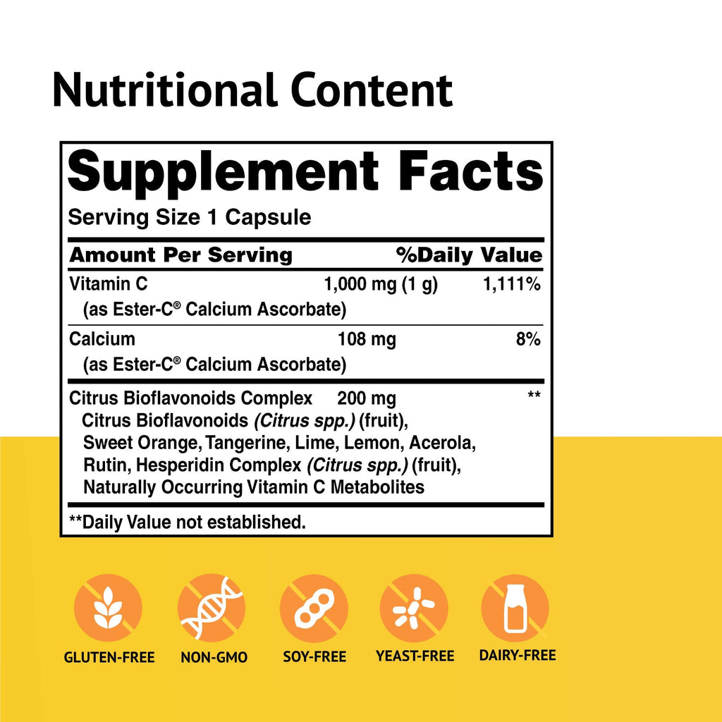Ester-C American Health with Citrus Bioflavonoids Capsules - 24-Hour Immune Support, Gentle On Stomach, Non-Acidic Vitamin C - FENGGESTORE20