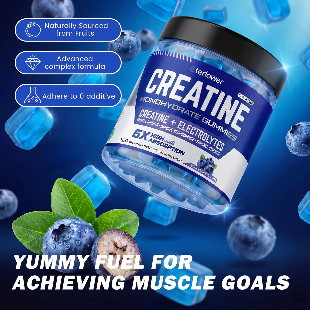 eterlower Creatine Monohydrate Gummies 5g – Pre-Workout Energy & Muscle Growth Support for Men & Women | Blueberry Electrolyte Gummies, 120 Count - FENGGESTORE20