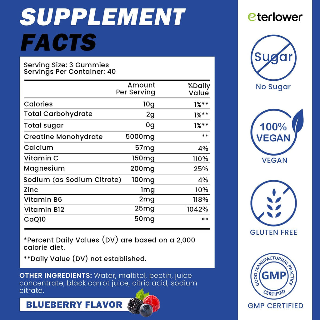 eterlower Creatine Monohydrate Gummies 5g – Pre-Workout Energy & Muscle Growth Support for Men & Women | Blueberry Electrolyte Gummies, 120 Count - FENGGESTORE20