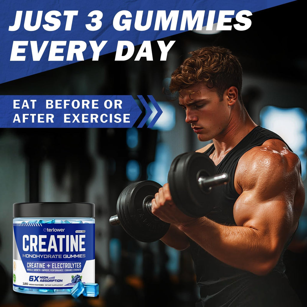eterlower Creatine Monohydrate Gummies 5g – Pre-Workout Energy & Muscle Growth Support for Men & Women | Blueberry Electrolyte Gummies, 120 Count - FENGGESTORE20