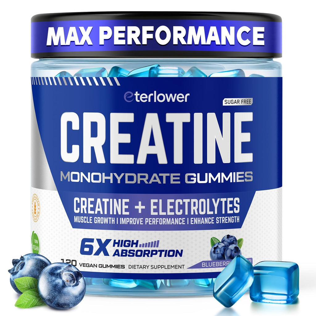eterlower Creatine Monohydrate Gummies 5g – Pre-Workout Energy & Muscle Growth Support for Men & Women | Blueberry Electrolyte Gummies, 120 Count - FENGGESTORE20