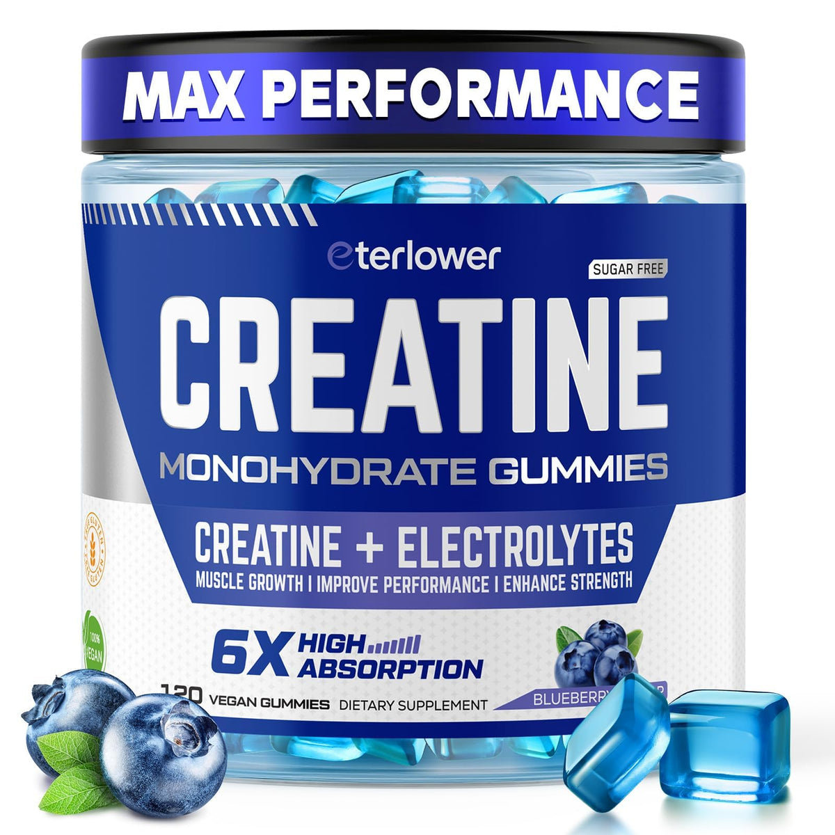 eterlower Creatine Monohydrate Gummies 5g – Pre-Workout Energy & Muscle Growth Support for Men & Women | Blueberry Electrolyte Gummies, 120 Count - FENGGESTORE20