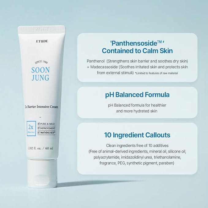 ETUDE SoonJung 2x Intensive Cream for Barrier Repair, Rich Moist, Madecassoside & Panthenol for Soothing, Face Moisturizer for Sensitive Skin - FENGGESTORE20