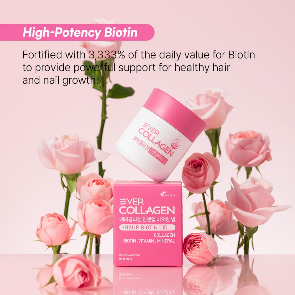 Ever Collagen in&UP Biotin Cell, Low Molecular Marine Fish Collagen Peptides Tablets with Vitamin Selenium Supplements - Healthy Skin, Hair, Nail for Women - Antioxidant Supplement - FENGGESTORE20