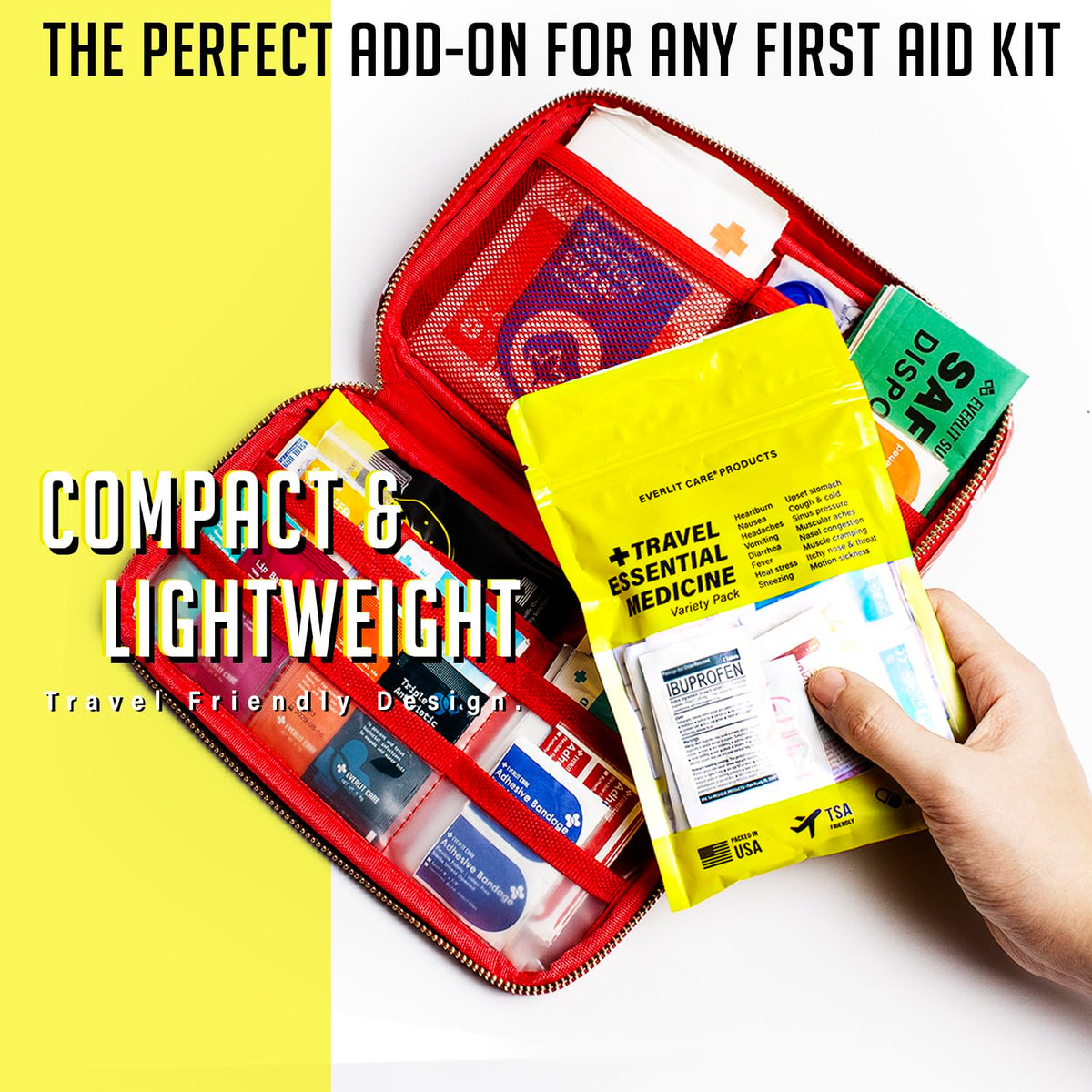EVERLIT CARE Travel Essential Medicine First Aid Kit I Bonus Medical Supplies I TSA Compliant Mini Size Medkit for Traveling Camping Trips Individually Packed 64 Tablets (Refill Pack) - FENGGESTORE20