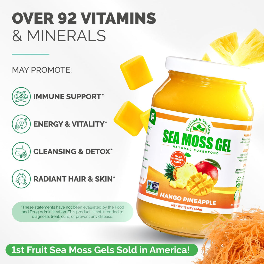 EverSmith Organics - Wildcrafted Irish Sea Moss Gel | Made in USA | Rich in Vitamins & Minerals | Sea Moss Gel Raw | Nutritional Supplement | Mango Pineapple (1 Jar) - FENGGESTORE20