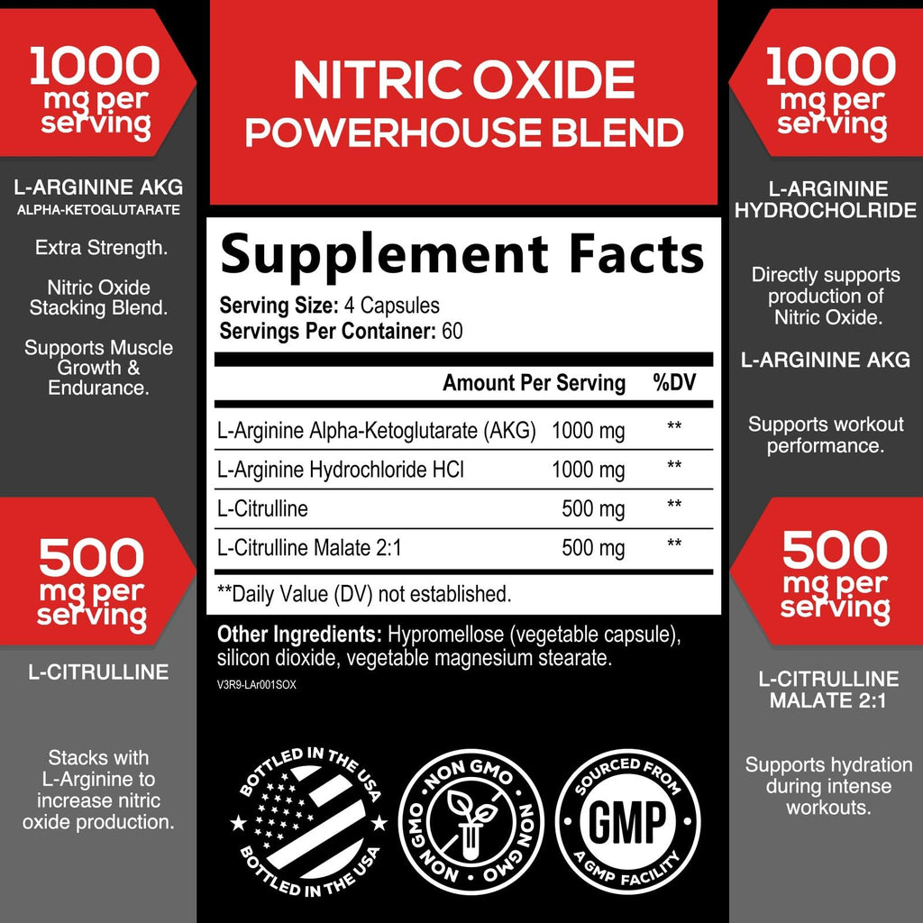 Extra Strength Nitric Oxide Booster - 3X Strength L-Arginine AKG & Citrulline Malate - Men & Women Premium Pre Workout Nitric Booster - Natural Energy & Muscle Support - FENGGESTORE20