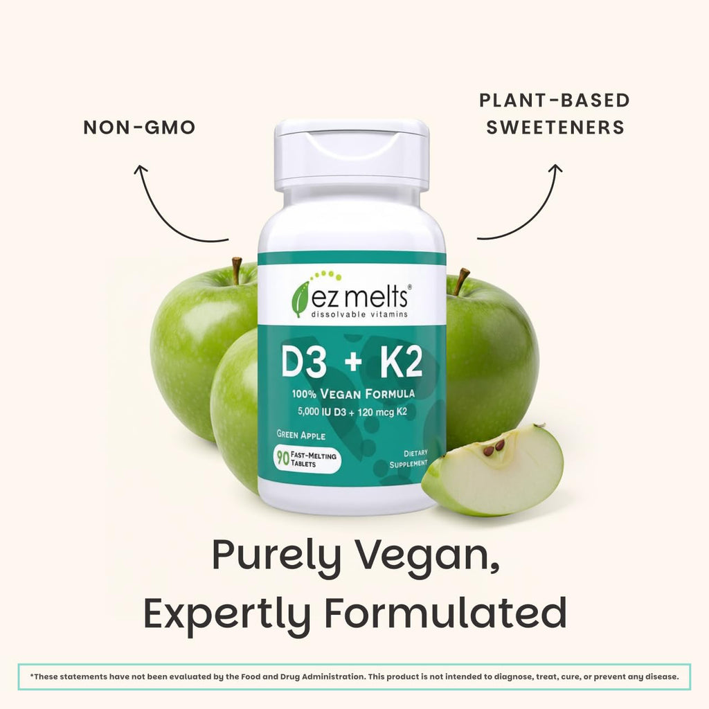 EZ Melts Dissolvable Vegan Vitamin D3 + K2 5,000 IU - Bone & Heart Health Support - Immune Function Support - No Artificial Flavors - Non-GMO - Green Apple - FENGGESTORE20