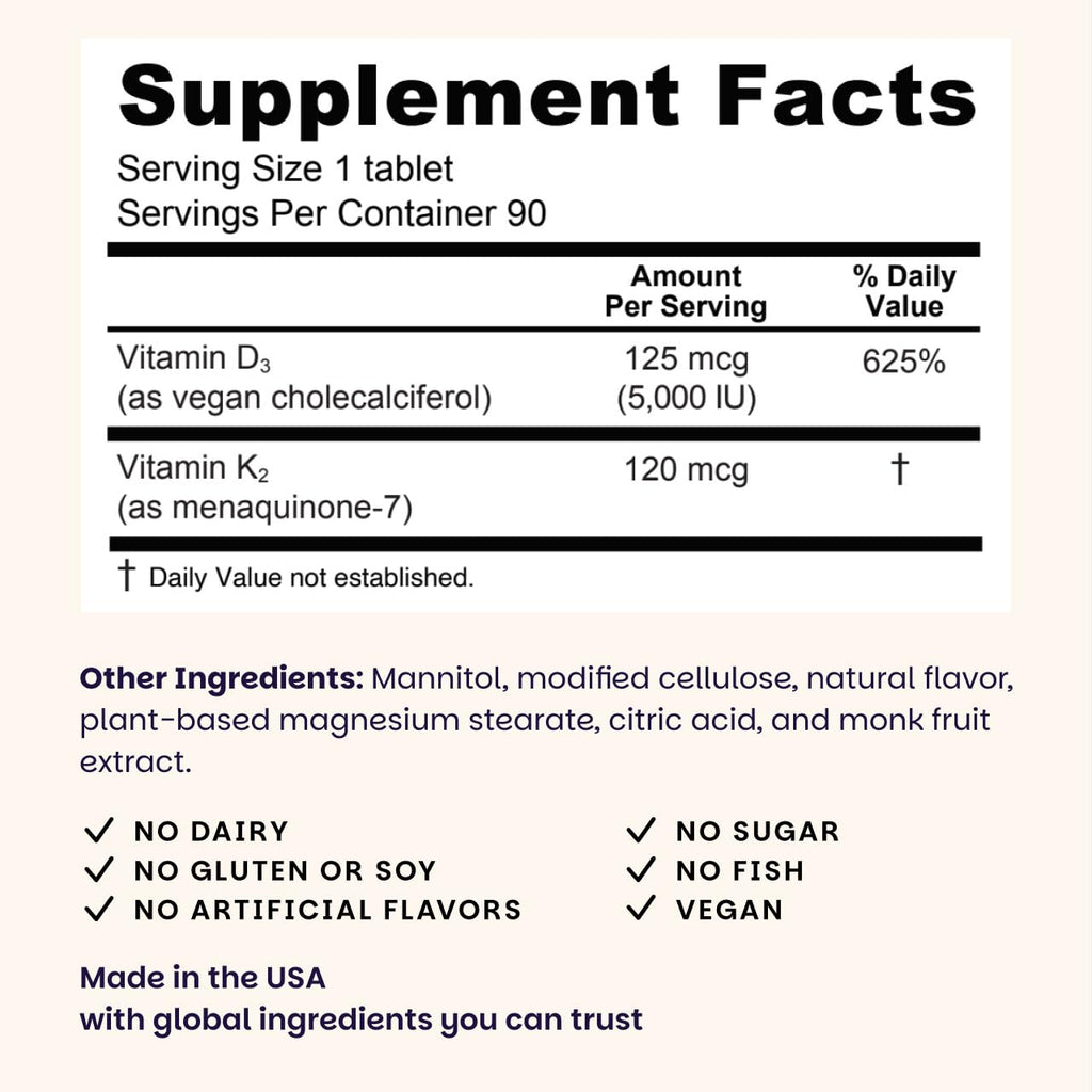 EZ Melts Dissolvable Vegan Vitamin D3 + K2 5,000 IU - Bone & Heart Health Support - Immune Function Support - No Artificial Flavors - Non-GMO - Green Apple - FENGGESTORE20
