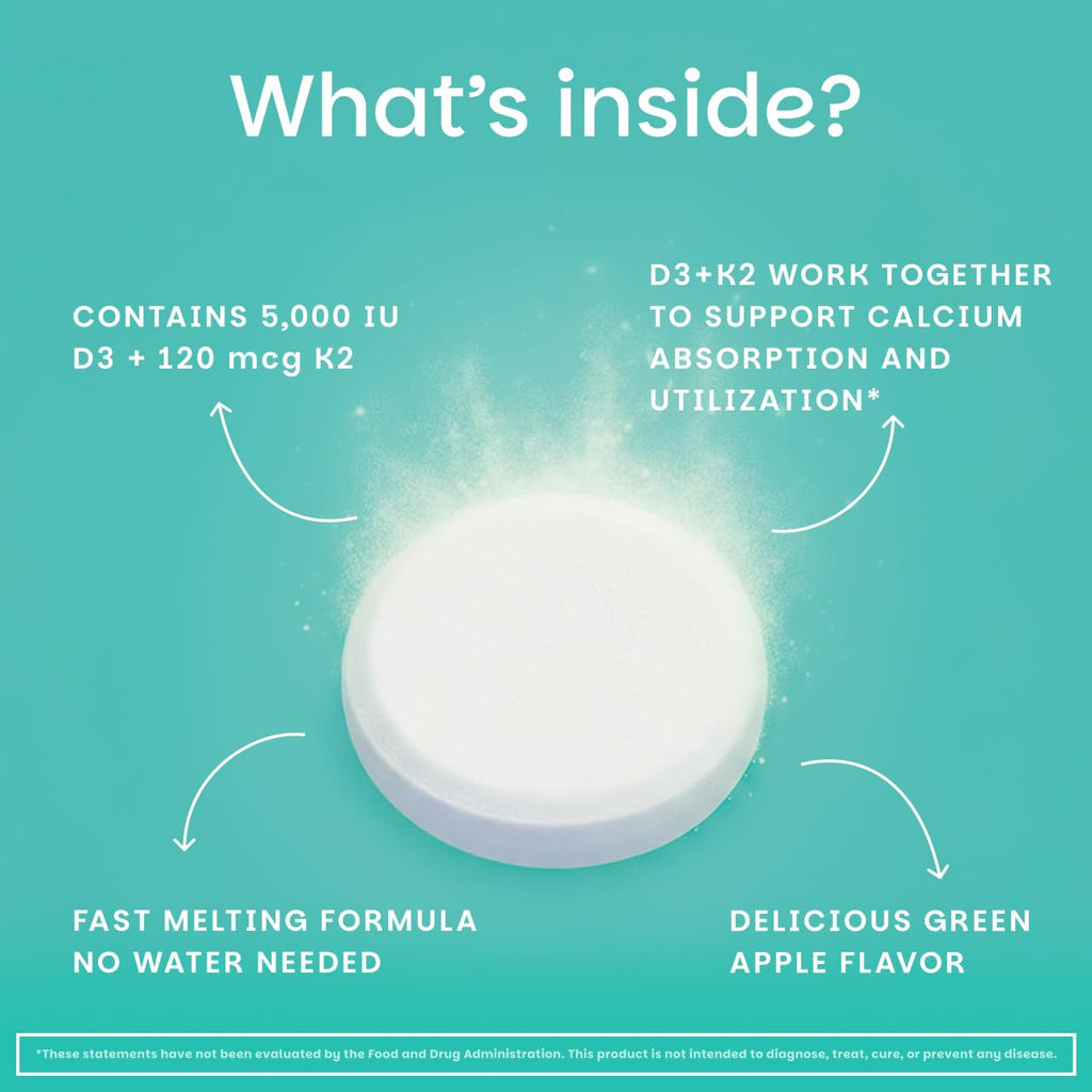 EZ Melts Dissolvable Vegan Vitamin D3 + K2 5,000 IU - Bone & Heart Health Support - Immune Function Support - No Artificial Flavors - Non-GMO - Green Apple - FENGGESTORE20