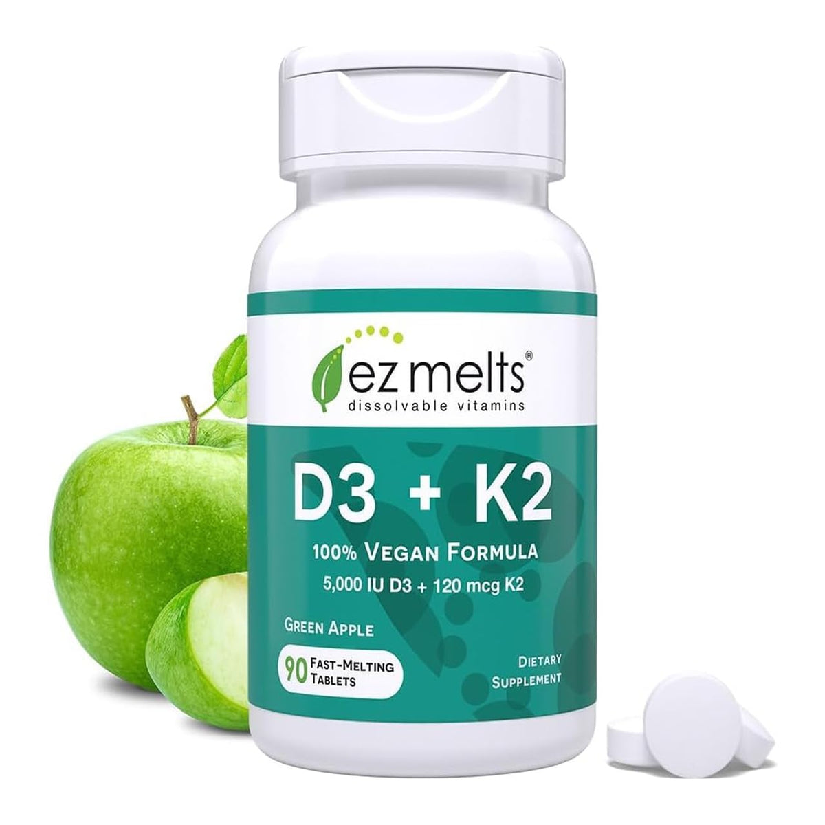 EZ Melts Dissolvable Vegan Vitamin D3 + K2 5,000 IU - Bone & Heart Health Support - Immune Function Support - No Artificial Flavors - Non-GMO - Green Apple - FENGGESTORE20