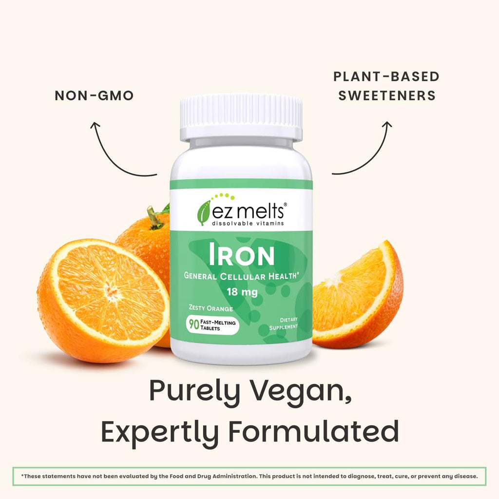 EZ Melts Iron - Supplement for Daily Energy & Iron Support - with Vitamin C - No Artificial Flavors - Non-GMO & Vegan - Zesty Orange - FENGGESTORE20