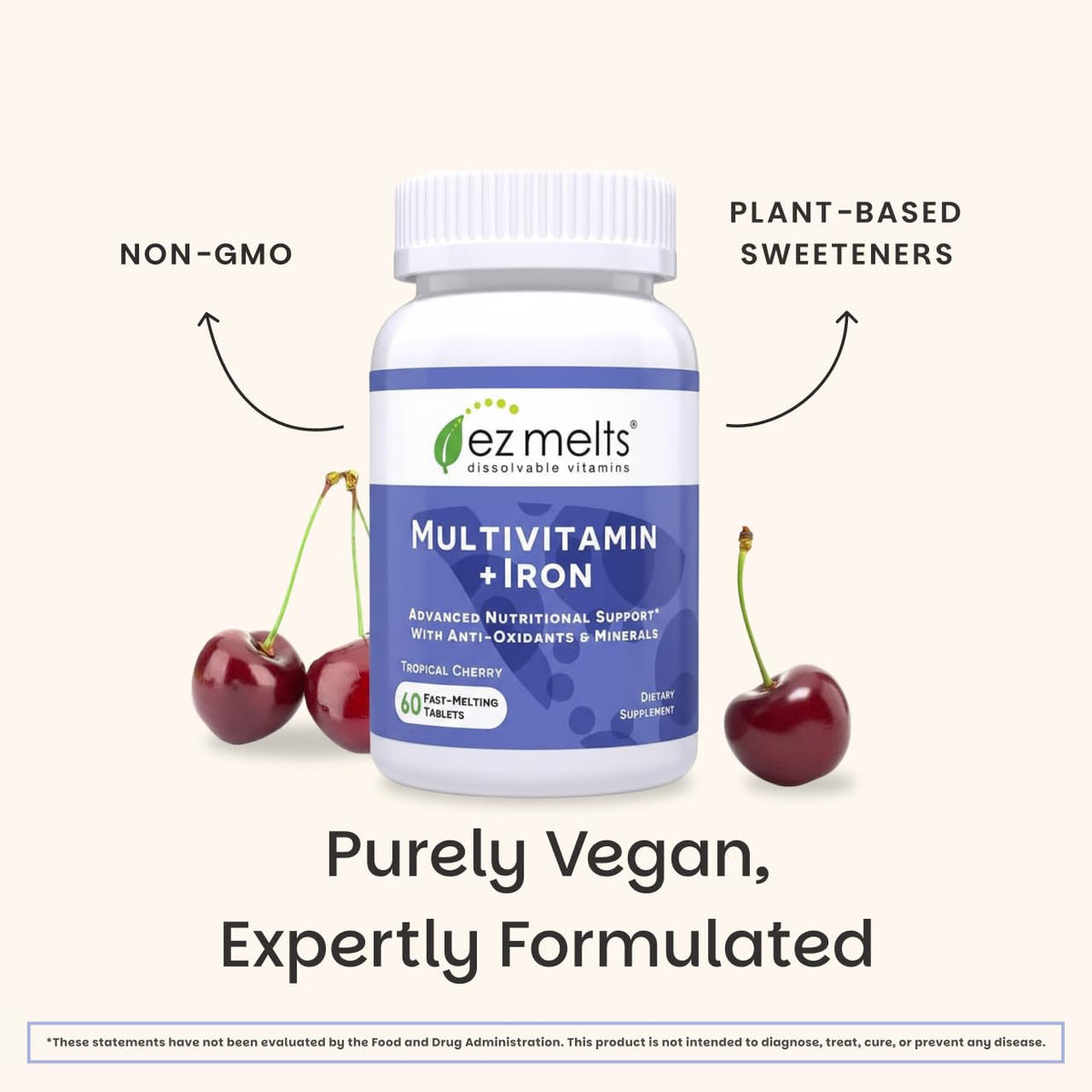 EZ Melts Multivitamin + Iron - Daily Multivitamin for Women & Men - Supports Healthy Energy Levels & Antioxidant Protection - Non-GMO & Vegan - Tropical Cherry - FENGGESTORE20