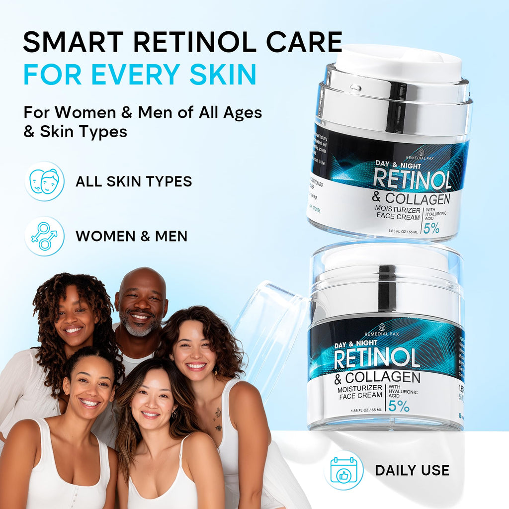 Face Moisturizer Retinol Cream, Anti Aging Neck Firming Cream, Collagen Day & Night Face Cream with Hyaluronic Acid for Women & Men, 1.85 Fl Oz - FENGGESTORE20